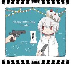 Rule 34 | 1girl, aqua background, ashi izumo, birthday cake, black cat, border, cake, candle, cat, english text, flag pistol, food, food on head, grey border, grimace, gun, hand up, handgun, happy birthday, highres, holding, holding gun, holding knife, holding weapon, izumo (ashi izumo), kitchen knife, knife, looking to the side, multicolored hair, object on head, original, out of frame, pointing gun, red eyes, red hair, short hair, sidelocks, sideways glance, simple background, solo focus, string of flags, two-tone hair, upper body, weapon, white hair, zipper