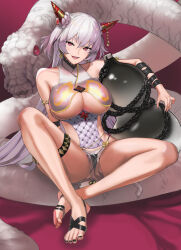 1girl animal armlet bare_shoulders barefoot black_panties breasts chain cleavage giant_snake gourd grey_hair hareno_chiame highres horns jewelry large_breasts long_hair looking_at_viewer oni open_mouth original oversized_animal panties pink_eyes sitting smile solo underboob underwear