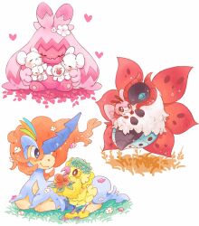 Rule 34 | alternate color, animal focus, beak, bee, bird, blue eyes, bug, closed eyes, closed mouth, colored skin, commentary request, creatures (company), cross-shaped pupils, dot nose, eyelashes, flower, game freak, gen 5 pokemon, gen 7 pokemon, hair flower, hair ornament, head wreath, heart, highres, holding, holding flower, horns, horse, hyoudo (d2 isu), insect, keldeo, keldeo (resolute), legendary pokemon, maushold, maushold (family of four), moth, mouse (animal), multiple wings, mythical pokemon, nintendo, no humans, on grass, open mouth, oricorio, oricorio (pom-pom), pink flower, pink hair, pink skin, pokemon, pokemon (creature), red flower, red hair, red rose, ribombee, rose, shiny pokemon, simple background, single horn, sitting, smile, sparkle, symbol-shaped pupils, tinkaton, volcarona, wheat, white background, white flower, white fur, wings, yawning, yellow fur