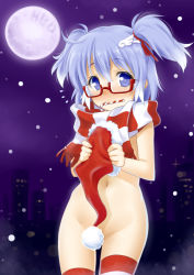 Rule 34 | 1girl, blue eyes, blue hair, blush, candy, candy cane, censored, city, convenient censoring, food, full-face blush, full moon, glasses, hair ornament, hair ribbon, hat, highres, matching hair/eyes, midriff, moon, mouth hold, naked scarf, navel, night, okitakung, original, outdoors, red-framed eyewear, ribbon, santa hat, scarf, snowing, solo, striped clothes, striped scarf, striped thighhighs, thighhighs, twintails, unworn hat, unworn headwear