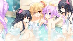 Rule 34 | 10s, 5girls, :d, alternate hairstyle, ass, bath, black hair, blonde hair, blush, braid, breasts, clone, completely nude, cup, drinking glass, drinking straw, game cg, girl sandwich, hair ornament, hair ribbon, hair scrunchie, harem, highres, long hair, medium breasts, million arthur (neptunia), million arthur (series), multiple girls, naked towel, nepgear, neptune (series), nude, official art, open mouth, playing with another&#039;s hair, polka dot, polka dot scrunchie, ponytail, purple eyes, purple hair, red eyes, ribbon, sandwiched, scrunchie, shin jigen game neptune vii, small breasts, smile, topless, towel, tsunako, twintails, two side up, uni (neptunia), white towel, yellow eyes, yuri
