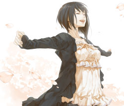 Rule 34 | 1girl, asymmetrical hair, black hair, blouse, cardigan, closed eyes, highres, izumi (nagashi), open mouth, original, outstretched arms, petals, shirt, short hair, smile, solo, spread arms, uneven hair