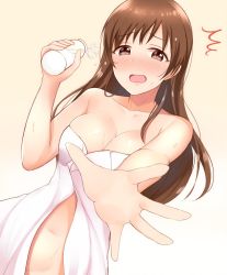Rule 34 | 10s, 1girl, ^^^, bare shoulders, blush, bottle, breasts, brown eyes, brown hair, cleavage, collarbone, commentary request, embarrassed, full-face blush, gradient background, holding, holding bottle, idolmaster, idolmaster cinderella girls, long hair, looking at viewer, medium breasts, midriff peek, milk, milk bottle, naked towel, navel, nitta minami, open mouth, outstretched arm, simple background, solo, spilling, suzutarou gunsou, towel, towel slip, wet