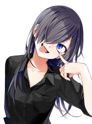 Rule 34 | 1girl, absurdres, black hair, black shirt, blue eyes, collarbone, collared shirt, fang, hair over one eye, hand on own face, highres, long hair, looking at viewer, ningiyau, official art, open collar, schoolzone, shirt, simple background, skin fang, solo, tongue, tongue out, upper body, white background, yokoe rei