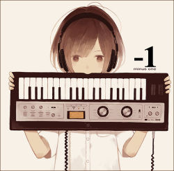Rule 34 | 1girl, black border, border, brown hair, commentary request, english text, grey background, headphones, holding, instrument, korg, looking at viewer, mitsuki mouse, original, sepia, shirt, short sleeves, simple background, solo, star-shaped pupils, star (symbol), symbol-shaped pupils, synthesizer, upper body