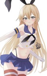 Rule 34 | 1girl, black hairband, black panties, blonde hair, blue sailor collar, blue skirt, cowboy shot, crop top, elbow gloves, gloves, grey eyes, hair between eyes, hairband, highleg, highleg panties, highres, kantai collection, long hair, looking at viewer, midriff, miniskirt, navel, panties, pleated skirt, sailor collar, shimakaze (kancolle), shirt, simple background, skirt, sleeveless, sleeveless shirt, solo, striped clothes, striped thighhighs, thighhighs, underwear, white background, white gloves, yoshino (mfmfpng)