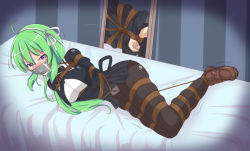 Rule 34 | 1girl, ahoge, arms behind back, assault lily, bdsm, bed, black ribbon, black skirt, blush, bondage, bound, bound ankles, bound legs, bound torso, bound wrists, bow hairband, breasts, brown footwear, brown pantyhose, clothes lift, commission, covered mouth, cropped jacket, crotch rope, crying, crying with eyes open, duct tape, full-length mirror, full body, gag, gagged, glaring, green hair, hair between eyes, hair ribbon, hair spread out, hairband, high-waist skirt, highres, improvised gag, indoors, juliet sleeves, large breasts, legs together, loafers, long hair, long sleeves, looking at viewer, lying, miniskirt, mirror, neck ribbon, nose blush, on bed, on side, panties, panties under pantyhose, pantyhose, pixiv commission, puffy sleeves, purple eyes, reflection, restrained, ribbon, saliva, school uniform, shibari, shibari over clothes, shiromaki, shirt, shoes, skindentation, skirt, skirt lift, solo, sweat, tanaka ichi, tape, tape gag, tears, trembling, underwear, v-shaped eyebrows, white hairband, white panties, white ribbon, white shirt, yurigaoka girls academy school uniform