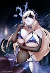 Rule 34 | 1girl, alternate costume, bad id, bad pixiv id, bare shoulders, bikini, blindfold, blonde hair, blue bikini, breasts, bridal gauntlets, choker, cleavage, covered erect nipples, covered eyes, covered navel, fire, fishnets, goblin slayer!, holding, holding sword, holding weapon, indoors, koshio, large breasts, parted lips, see-through, sitting, swimsuit, sword, sword maiden, torch, underboob, veil, weapon