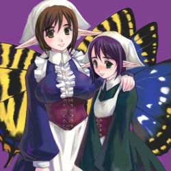 Rule 34 | 2girls, bonnet, breasts, bug, butterfly, corset, fairy, fantasy, genshi, bug, large breasts, long sleeves, lowres, multiple girls, pointy ears, wings