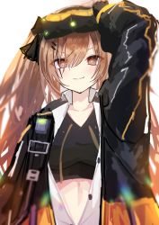 Rule 34 | 1girl, absurdres, adjusting goggles, arm up, brown eyes, brown hair, commentary request, fingerless gloves, girls&#039; frontline, gloves, goggles, goggles on head, hair between eyes, hair ornament, hairclip, heads-up display, highres, jacket, kamiya mitobe, looking at viewer, midriff peek, mod3 (girls&#039; frontline), open clothes, open jacket, open shirt, scar, scar across eye, scar on face, shirt, smile, solo, sports bra, ump9 (girls&#039; frontline), ump9 (mod3) (girls&#039; frontline), upper body, v-neck, white background, white shirt