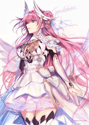 Rule 34 | 1girl, absurdres, bare shoulders, blush, breasts, closed mouth, detached sleeves, dorothy (nikke), dress, frilled dress, frills, goddess of victory: nikke, hair bun, highres, large breasts, long hair, mintes, pink hair, purple eyes, ribbon, single side bun, skirt, solo, thighhighs, twitter username, very long hair