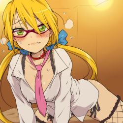 Rule 34 | 1girl, all fours, alternate hairstyle, bed, bent over, bespectacled, blonde hair, blue bow, blush, bow, bra, bra strap, breasts, choker, collar, collared shirt, cosplay, facing viewer, fang, fang out, fishnet thighhighs, fishnets, flying sweatdrops, glasses, green eyes, hair bow, hairu, heart, indoors, kuroi nanako, lingerie, long hair, looking at viewer, loose necktie, lucky star, makinami mari illustrious, makinami mari illustrious (cosplay), medium breasts, necktie, no pants, panties, pink necktie, purple-framed eyewear, red-framed eyewear, red choker, shirt, side-tie panties, solo, sweat, teacher, thighhighs, twintails, underwear, wavy mouth, white shirt