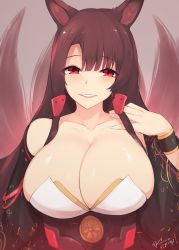 Rule 34 | 1girl, akagi (azur lane), animal ears, azur lane, bare shoulders, black hair, blush, breasts, cleavage, collarbone, detached sleeves, fox ears, fox tail, kuavera, large breasts, long hair, looking at viewer, multiple tails, parted lips, red eyes, smile, solo, tail, upper body
