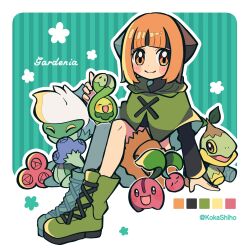 Rule 34 | 1girl, :d, ^ ^, artist name, black sleeves, blush, boots, border, brown eyes, budew, character name, cherubi, closed eyes, colored skin, commentary request, creatures (company), cross-laced footwear, game freak, gardenia (pokemon), gen 4 pokemon, green background, green footwear, green shawl, green skin, highres, kokashiho, leaf, medium hair, nintendo, open mouth, orange hair, pink skin, pokemon, pokemon (creature), pokemon dppt, roserade, simple background, smile, solid oval eyes, turtwig, white border