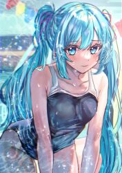 Rule 34 | 1girl, alternate costume, aqua eyes, aqua hair, bare arms, bare shoulders, blue one-piece swimsuit, blush, bow, breasts, collarbone, cowboy shot, day, decorations, hair between eyes, hair bow, hair ornament, hatsune miku, highres, light smile, long hair, looking at viewer, medium breasts, natukisigure, one-piece swimsuit, outdoors, party, pool, reflection, ripples, sleeveless, smile, solo, sunlight, swimsuit, thick eyelashes, twintails, vocaloid, water, wet, wet hair