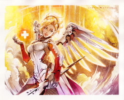 Rule 34 | 1girl, armor, artist name, black gloves, blonde hair, blue eyes, bodysuit, breastplate, breasts, cowboy shot, faulds, gloves, glowing, glowing wings, halo, hand up, headgear, high collar, holding, holding staff, lips, loincloth, long hair, long sleeves, mechanical halo, mechanical wings, medium breasts, mercy (overwatch), overwatch, overwatch 1, painting (medium), pantyhose, parted lips, pelvic curtain, ponytail, skin tight, solo, staff, swiss flag, traditional media, turtleneck, watercolor (medium), weapon, wings, yana bogatch, yellow wings