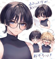 2boys aether_(genshin_impact) black_hair black_shirt blonde_hair blush closed_mouth genshin_impact glasses grey_eyes hair_between_eyes highres looking_at_viewer ma_d_k_89 male_focus multiple_boys open_mouth scaramouche_(genshin_impact) shirt short_hair smile white_background yellow_eyes