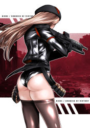 Rule 34 | 1girl, artist request, ass, assault rifle, breasts, brown hair, from behind, goddess of victory: nikke, gun, hat, jacket, leotard, long hair, medium breasts, rapi (nikke), rifle, shiny clothes, shiny skin, sideboob, solo, thick thighs, thighhighs, thighs, very long hair, weapon