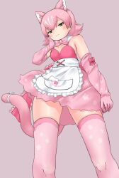 Rule 34 | 1girl, apron, bare shoulders, blush, bow, bowtie, elbow gloves, frilled apron, frills, from behind, gloves, hair between eyes, highres, japari symbol, kemono friends, looking at viewer, panther ears, panther girl, panther tail, peach panther (kemono friends), pink bow, pink bowtie, pink gloves, pink hair, pink shirt, pink skirt, pink thighhighs, print gloves, print skirt, print thighhighs, shirt, short hair, sidelocks, skirt, sleeveless, solo, star (symbol), star print, tail, tail bow, tail ornament, thighhighs, uf34a, white apron, yellow eyes, zettai ryouiki