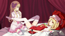 Rule 34 | 2girls, absurdres, bed sheet, blonde hair, bow, chain, curtains, dress, flandre scarlet, frills, hair bow, hat, highres, kaoshuzi, keisenko, long hair, lying, mob cap, multiple girls, on back, on bed, original, puffy short sleeves, puffy sleeves, purple bow, red dress, red eyes, shirt, short dress, short sleeves, sitting, sleeveless, sleeveless dress, stuffed animal, stuffed toy, teddy bear, thighhighs, touhou, white dress, white headwear, white legwear, white shirt, wings, yellow neckwear, yuri