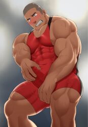 Rule 34 | 1boy, bara, blush, bodysuit, bulge, buzz cut, clenched teeth, clothed masturbation, covered abs, covered navel, erection, erection under clothes, feet out of frame, from below, highres, kansuke (kansuke 717), large pectorals, male focus, male masturbation, masturbation, muscular, muscular male, nipple slip, nipples, original, pectoral cleavage, pectorals, red bodysuit, short hair, sideburns, sidepec, singlet, solo, standing, stomach, sweatdrop, teeth, thick eyebrows, thick thighs, thighs, veins, veiny arms, very short hair