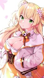 Rule 34 | 1girl, blonde hair, blush, bow, breasts, brown bow, center opening, cleavage, cleavage cutout, clothing cutout, commentary, corset, cowboy shot, double bun, dress, flower, gradient hair, green eyes, hair between eyes, hair bun, hair flower, hair ornament, hands in pockets, highres, hololive, jacket, lips, long hair, looking at viewer, medium breasts, momosuzu nene, multicolored bow, multicolored hair, open clothes, open jacket, orange bow, orange dress, pink hair, puckered lips, simple background, solo, two-tone hair, two side up, virtual youtuber, white background, white jacket, yellow bow, yuyaiyaui