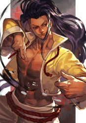 Rule 34 | 1boy, alternate hairstyle, black hair, chinese clothes, cropped jacket, fighting stance, hungry clicker, jacket, jamie siu, long hair, long sleeves, male focus, open clothes, open jacket, smile, solo, street fighter, street fighter 6, toned, undercut, upper body, yellow jacket