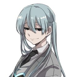 Rule 34 | 1girl, black eyes, black necktie, blue hair, closed mouth, collared shirt, commentary request, e.g.o (project moon), employee (project moon), grey jacket, grey vest, hair between eyes, jacket, light blue hair, lobotomy corporation, looking at viewer, necktie, open clothes, open jacket, project moon, shirt, simple background, smile, solo, sumuna sunaco, twintails, vest, white background, white shirt