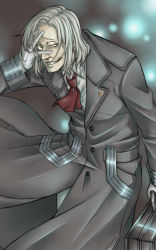Rule 34 | 10s, 1boy, briefcase, coat, crazy eyes, gloves, grin, hand on own face, long hair, looking at viewer, mado kureo, male focus, neckerchief, smile, solo, tokyo ghoul, trench coat, white gloves, white hair