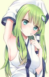 Rule 34 | 1girl, arm up, armpits, bare shoulders, blouse, blue eyes, blush, breasts, closed mouth, collared shirt, commentary request, detached sleeves, eyelashes, frog hair ornament, green hair, hair between eyes, hair ornament, hair tubes, hands up, head tilt, highres, kochiya sanae, long hair, long sleeves, looking at viewer, medium breasts, shirt, simple background, sleeveless, sleeveless shirt, snake hair ornament, solo, stigma1101, touhou, upper body, white shirt, wide sleeves, yellow background