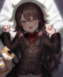 Rule 34 | 1boy, 1girl, aether (genshin impact), bed sheet, blush, brown hair, chinese clothes, genshin impact, highres, hu tao (genshin impact), jewelry, long hair, long sleeves, looking at viewer, lying, nail polish, neit ni sei, on back, on bed, open mouth, red eyes, ring, shadow, short shorts, shorts, smile, sweatdrop, symbol-shaped pupils, twintails, very long hair