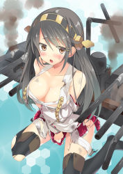 Rule 34 | 10s, 1girl, bare shoulders, black hair, black thighhighs, blush, boots, breasts, cleavage, detached sleeves, downblouse, gintarou (kurousagi108), hairband, haruna (kancolle), japanese clothes, kantai collection, large breasts, long hair, looking at viewer, nontraditional miko, personification, red eyes, sarashi, sitting, skirt, solo, thigh boots, thighhighs, torn clothes, wariza