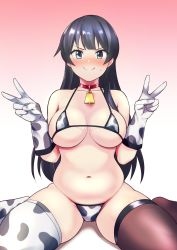 Rule 34 | 1girl, agano (kancolle), alternate costume, animal print, asymmetrical legwear, bell, bikini, black thighhighs, blush, breasts, choker, cow print, cow print bikini, cowbell, double v, gloves, gradient background, highres, kantai collection, large breasts, long hair, micro bikini, mismatched legwear, plump, print bikini, rampage 2nd, red choker, simple background, sitting, skindentation, smile, solo, sweat, swimsuit, thighhighs, thighs, v