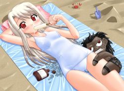 Rule 34 | 00s, albino, arm behind back, blush, crab, fate/stay night, fate (series), food, hase yu, heracles (fate), illyasviel von einzbern, long hair, lotion, one-piece swimsuit, popsicle, red eyes, school swimsuit, shovel, solo, sunscreen, swimsuit, very long hair, white hair, white one-piece swimsuit