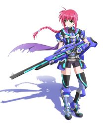 Rule 34 | 1girl, ahoge, amitie florian, black shorts, black thighhighs, braid, braided ponytail, closed mouth, floating hair, full body, green eyes, gun, hair between eyes, hair intakes, highres, holding, holding gun, holding weapon, long hair, lyrical nanoha, mahou shoujo lyrical nanoha, mahou shoujo lyrical nanoha a&#039;s, mahou shoujo lyrical nanoha a&#039;s portable: the gears of destiny, oshimaru026, ponytail, red hair, short shorts, short sleeves, shorts, simple background, solo, standing, thighhighs, very long hair, weapon, white background, zettai ryouiki