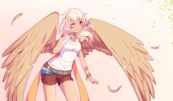 Rule 34 | 1girl, ;p, artist name, bandages, bracelet, commission, feathers, green eyes, hyanna-natsu, jewelry, one eye closed, original, pink hair, ring, short hair, solo, tongue, tongue out, wings