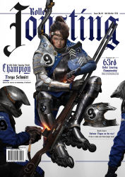 Rule 34 | 1girl, 2others, armor, barcode, bmw, breastplate, brown hair, chainmail, commentary, concept art, cover, dated, elbow pads, english text, faceless, fake magazine cover, fantasy, faulds, fingerless gloves, ford, full armor, gauntlets, gloves, greaves, gun, hair through headwear, unworn headwear, helmet, unworn helmet, highres, holding, holding gun, holding weapon, inline skates, johnson ting, lips, long sleeves, looking at viewer, magazine cover, medieval, motocross, multiple others, nose, original, pauldrons, plate armor, ponytail, power tool, realistic, roller skates, round eyewear, shoulder armor, single pauldron, sitting, skates, solo, sparks, sponsor, urban fantasy, weapon