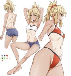 Rule 34 | 1girl, absurdres, armpit crease, arms behind head, ass, bandeau, bare legs, barefoot, bikini, blonde hair, blush, breasts, capelet, color guide, cropped arms, cropped legs, cutoffs, denim, denim shorts, fate/grand order, fate (series), from behind, from below, from side, green eyes, groin, hands in hair, highres, kiritzugu, legs, looking at viewer, looking back, mordred (fate), mordred (fate) (all), mordred (fate/apocrypha), mordred (swimsuit rider) (fate), mordred (swimsuit rider) (first ascension) (fate), multiple views, navel, nose blush, open mouth, pantylines, ponytail, red bikini, red scrunchie, scrunchie, shorts, simple background, small breasts, smile, solo, swimsuit, tan, tanline, toned, topless, white background