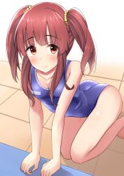 Rule 34 | 10s, 1girl, all fours, arched back, arm support, ass, bare arms, blue one-piece swimsuit, blush, breasts, brown eyes, brown hair, competition swimsuit, idolmaster, idolmaster cinderella girls, kneeling, legs, light smile, looking at viewer, looking up, ogata chieri, one-piece swimsuit, sidelocks, small breasts, solo, suzutarou gunsou, swimsuit, thighs, twintails