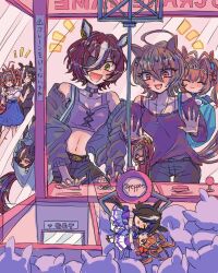 Rule 34 | 4girls, agnes tachyon (umamusume), ahoge, animal ears, antenna hair, aqua bag, bag, black jacket, black shorts, blue skirt, bow, breasts, brown footwear, brown hair, casual, character doll, cleavage, closed eyes, collarbone, commentary request, crane game, crop top, daiwa scarlet (umamusume), doting parent, ear ornament, earrings, eyepatch, fishnet pantyhose, fishnets, hair between eyes, hair bow, hair intakes, hair over one eye, hand on glass, handbag, horse ears, horse girl, horse tail, jacket, jewelry, long hair, long sleeves, looking back, medium breasts, midriff, multicolored hair, multiple girls, navel, notice lines, off-shoulder shirt, off shoulder, official alternate costume, open clothes, open jacket, open mouth, pantyhose, pendant, pendant choker, pepparx2, pleated skirt, purple shirt, purple tank top, red bag, red bow, red eyes, sailor collar, sailor shirt, school uniform, shirt, short hair, short shorts, short sleeves, shorts, shoulder bag, single earring, skirt, streaked hair, stuffed toy, summer uniform, sweatdrop, tail, tanino gimlet (umamusume), tank top, tiara, tracen school uniform, twintails, twitter username, two-tone hair, umamusume, vodka (umamusume), white hair, white skirt