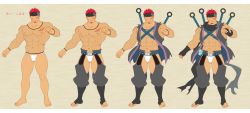 Rule 34 | 1boy, absurdres, bara, bare shoulders, black headband, bulge, cape, character name, chest harness, clothing cutout, crotchless, crotchless pants, crow (siranui), facial hair, facial scar, flat color, full body, fundoshi, goatee, green eyes, grey pants, gyee, harness, headband, highres, hip vent, huge filesize, japanese clothes, kunai, looking at viewer, male focus, male underwear, muscular, muscular male, musso (gyee), navel, oversized object, pants, pectorals, red hair, scar, scar on cheek, scar on chest, scar on face, topless male, sidepec, standing, thick thighs, thigh cutout, thighs, torn clothes, underwear, underwear only, weapon, white male underwear