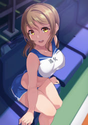 Rule 34 | 1girl, :d, bare shoulders, blue shorts, blurry, breasts, brown hair, commentary request, crop top, depth of field, dolphin shorts, from above, gym shorts, highres, kunikida hanamaru, looking at viewer, love live!, love live! sunshine!!, medium breasts, medium hair, midriff, open mouth, short shorts, shorts, sidelocks, sitting, sleeveless, smile, solo, sweat, thighs, track uniform, yamaori (yamaorimon), yellow eyes