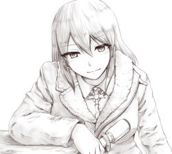 Rule 34 | 1girl, adolfine galland, bomber jacket, female focus, greyscale, hair between eyes, jacket, liar lawyer, long hair, long sleeves, looking at viewer, military, military uniform, monochrome, simple background, smile, solo, strike witches, uniform, white background, world witches series