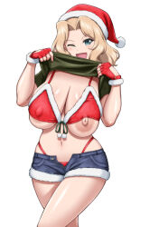 Rule 34 | 1girl, areola slip, bikini, blonde hair, blue eyes, blush, breast slip, breasts, christmas, clothes lift, fingerless gloves, fur trim, girls und panzer, gloves, hat, highres, kay (girls und panzer), large breasts, looking at viewer, metal man10, navel, nipples, one eye closed, open clothes, open mouth, open shorts, red bikini, red gloves, santa bikini, santa hat, shiny skin, shirt lift, short shorts, shorts, simple background, skindentation, smile, solo, swimsuit, white background