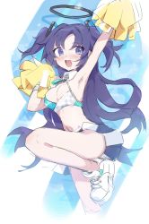 Rule 34 | 1girl, armpits, blue archive, blue eyes, blue hair, blush, breasts, cheerleader, cleavage, commentary, cosplay, hair ornament, halo, hibiki (blue archive), highres, long hair, medium breasts, nemo (leafnight), pleated skirt, pom pom (cheerleading), skirt, solo, symbol-only commentary, two side up, yuuka (blue archive)