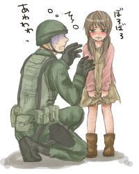Rule 34 | 1boy, 1girl, apc, blush, boots, brown hair, child, crying, dress, gloves, helmet, holster, kneeling, low twintails, military, military uniform, mogu (up.), original, soldier, tears, translation request, turn pale, twintails, uniform