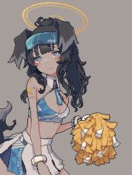 Rule 34 | 1girl, animal ears, black hair, blue archive, blue skirt, blunt bangs, bracelet, breasts, bright pupils, cheerleader, cleavage, closed mouth, commentary, crop top, dog ears, dog girl, dog tail, goggles, goggles on head, grey background, grey eyes, halo, hibiki (blue archive), hibiki (cheer squad) (blue archive), highres, holding, holding pom poms, jewelry, long hair, looking at viewer, medium breasts, millennium cheerleader outfit (blue archive), official alternate costume, pixel art, pom pom (cheerleading), pom poms, simple background, sivcha, skirt, solo, star (symbol), sticker on arm, symbol-only commentary, tail, white pupils, white skirt, yellow halo