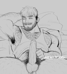 Rule 34 | 1boy, armpits, bara, bare pectorals, beard, bottomless, erection, excessive armpit hair, facial hair, feet out of frame, foreskin, full beard, greyscale, hairy, large pectorals, looking at viewer, magnum opus (mewniverse), male focus, male pubic hair, mature male, mewniverse, monochrome, muscular, muscular male, mustache, nipple hair, nipples, original, pectorals, precum, pubic hair, sam (mewniverse), seductive smile, short hair, sitting, sketch, smile, solo, sparse leg hair, tank top, testicle hair, thick arm hair, thick beard, thick chest hair, thick eyebrows, thick mustache, thick navel hair, thick thighs, thighs, uncensored, very hairy