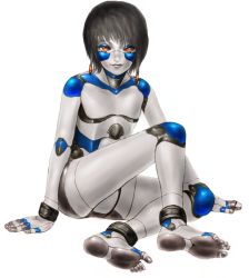 Rule 34 | 1boy, androgynous, android, black hair, eyelashes, feet, full body, hegitsu, joints, light smile, looking at viewer, male focus, orange eyes, original, robot joints, simple background, sitting, solo, toes