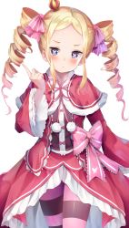 Rule 34 | 1girl, absurdres, beatrice (re:zero), blonde hair, blue eyes, blush, butterfly-shaped pupils, capelet, cowboy shot, crown, dress, drill hair, hair ribbon, hand up, highres, index finger raised, long hair, looking at viewer, mini crown, neck ribbon, pantyhose, pink hair, pink pantyhose, pink ribbon, re:zero kara hajimeru isekai seikatsu, red capelet, ribbon, simple background, solo, striped clothes, striped pantyhose, symbol-shaped pupils, twin drills, white background, yuunamida uyu